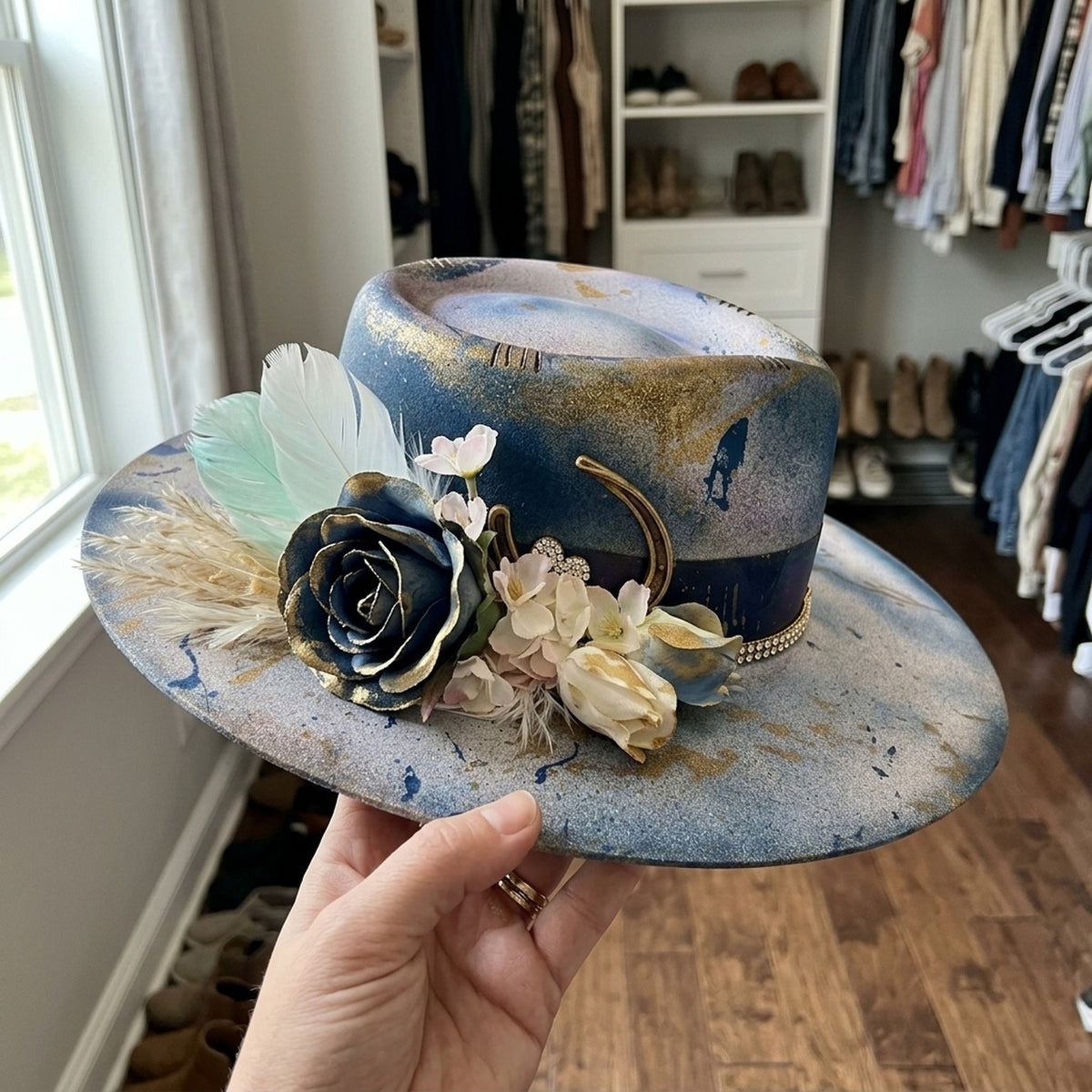 Boho Tie-Dye Fedora with Floral Accent and Rhinestone Band