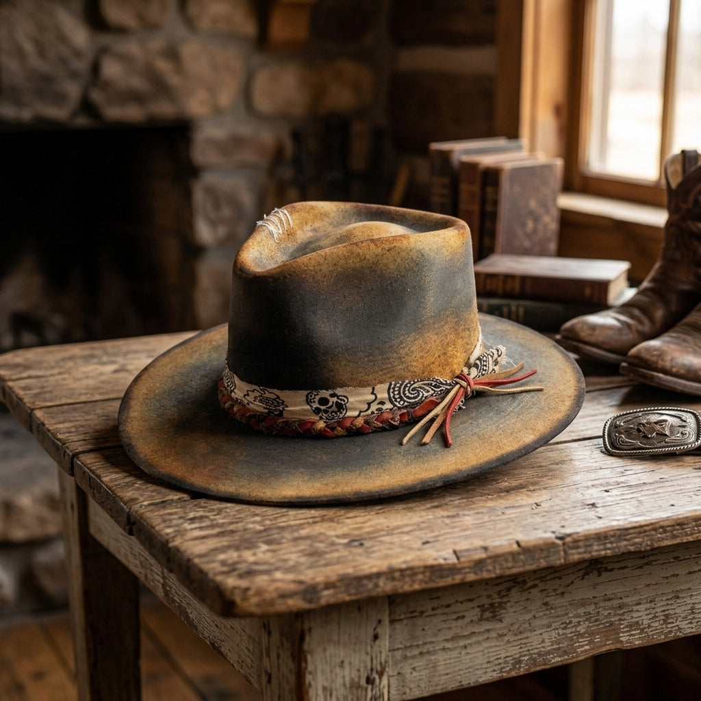 Distressed Olive Felt Fedora Paisley Bandana Braided Cord