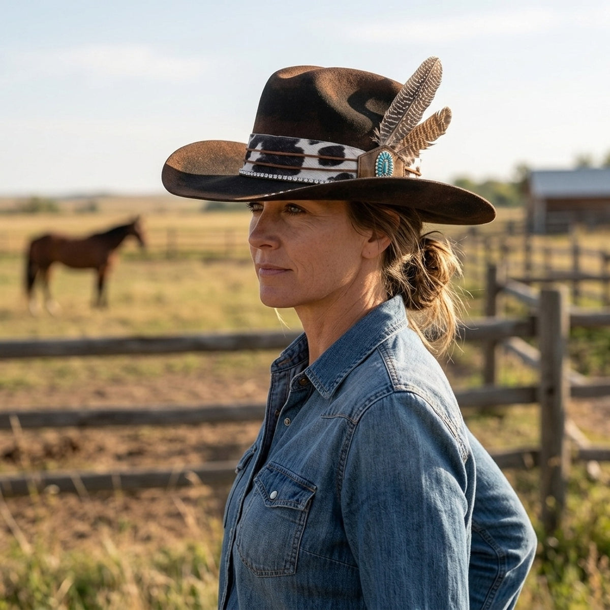 Dark Brown Cowboy Hat with Cow-Print Band and Turquoise Concho