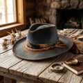 Distressed Gray Felt Fedora Paisley Bandana Orange Braided Cord