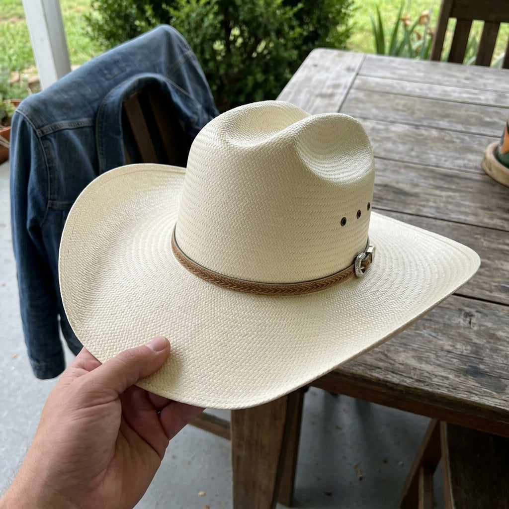 Cream Straw Cowboy Hat with Braided Leather Hatband Detail