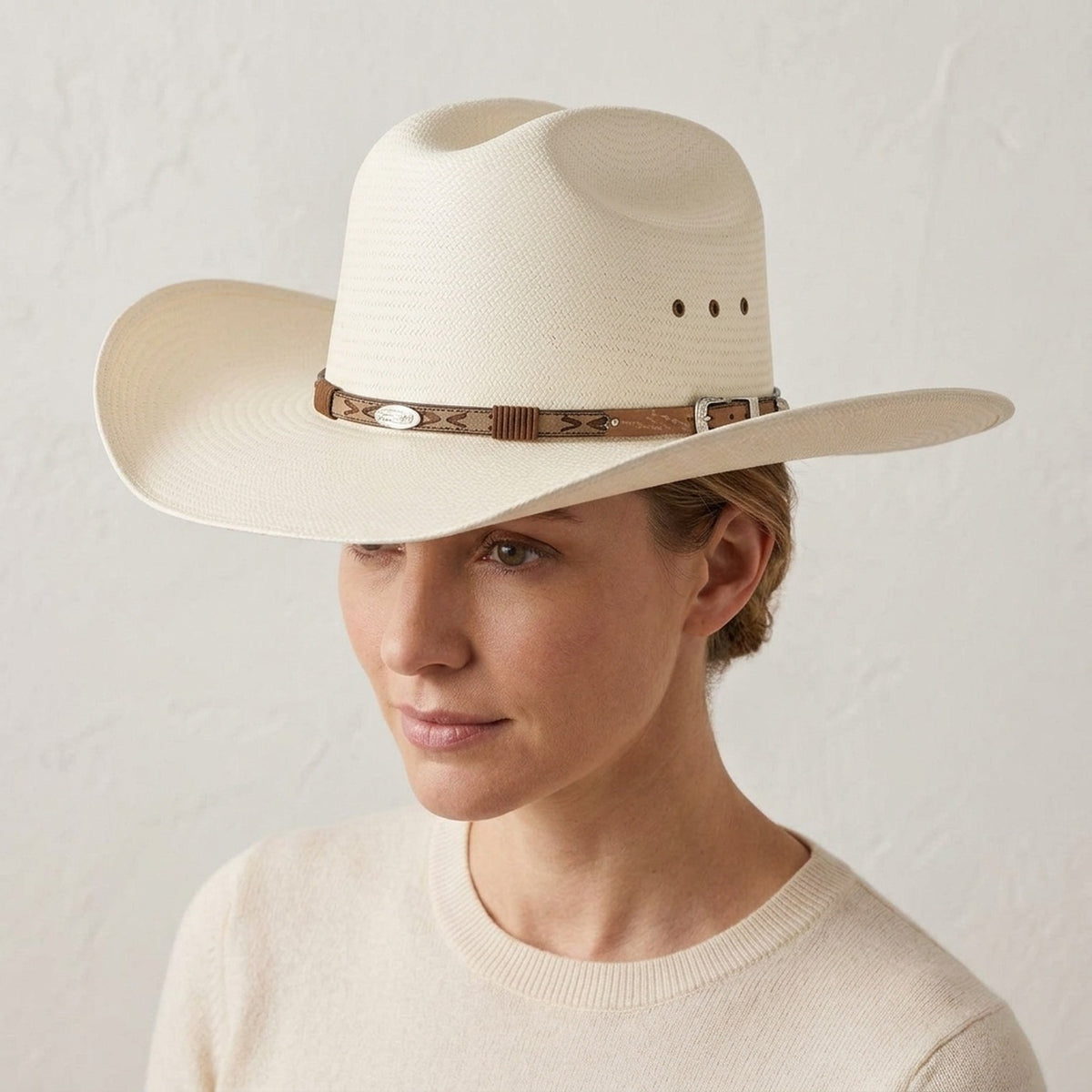 Unisex Cream Straw Cowboy Hat with Patterned Leather Concho Band