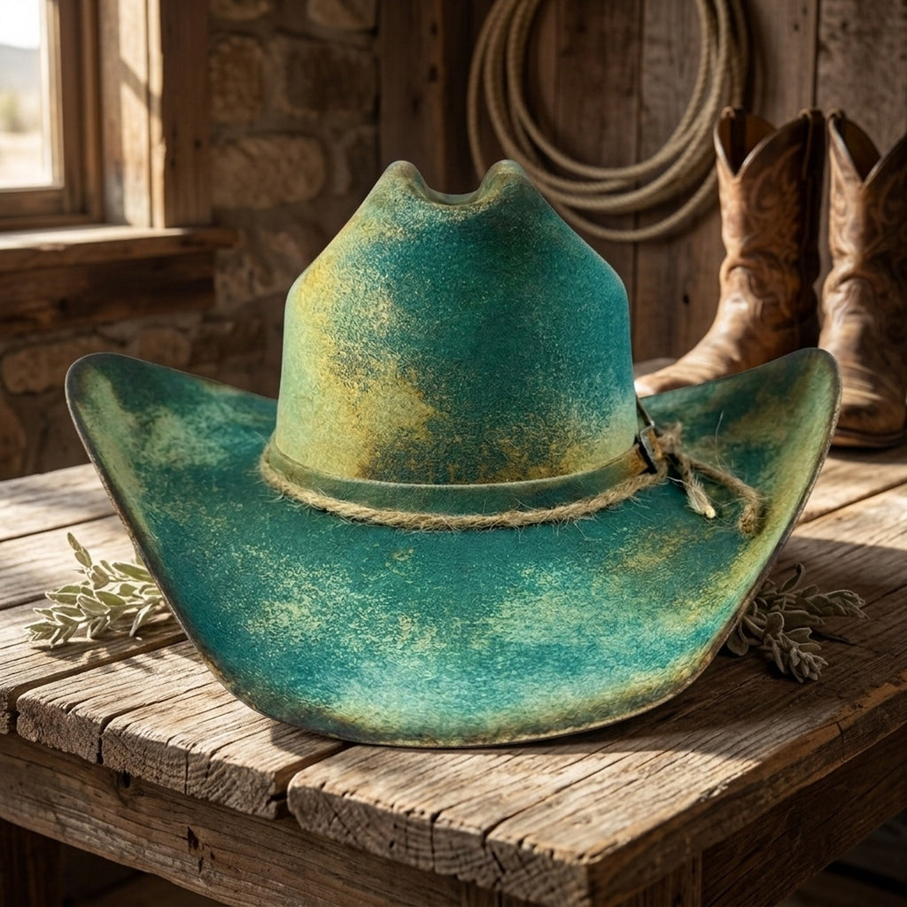 Distressed Teal Cowboy Hat with Leather and Twine Band