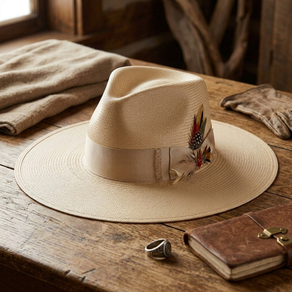 Unisex Beige Wide Brim Straw Fedora with Satin Feather Band