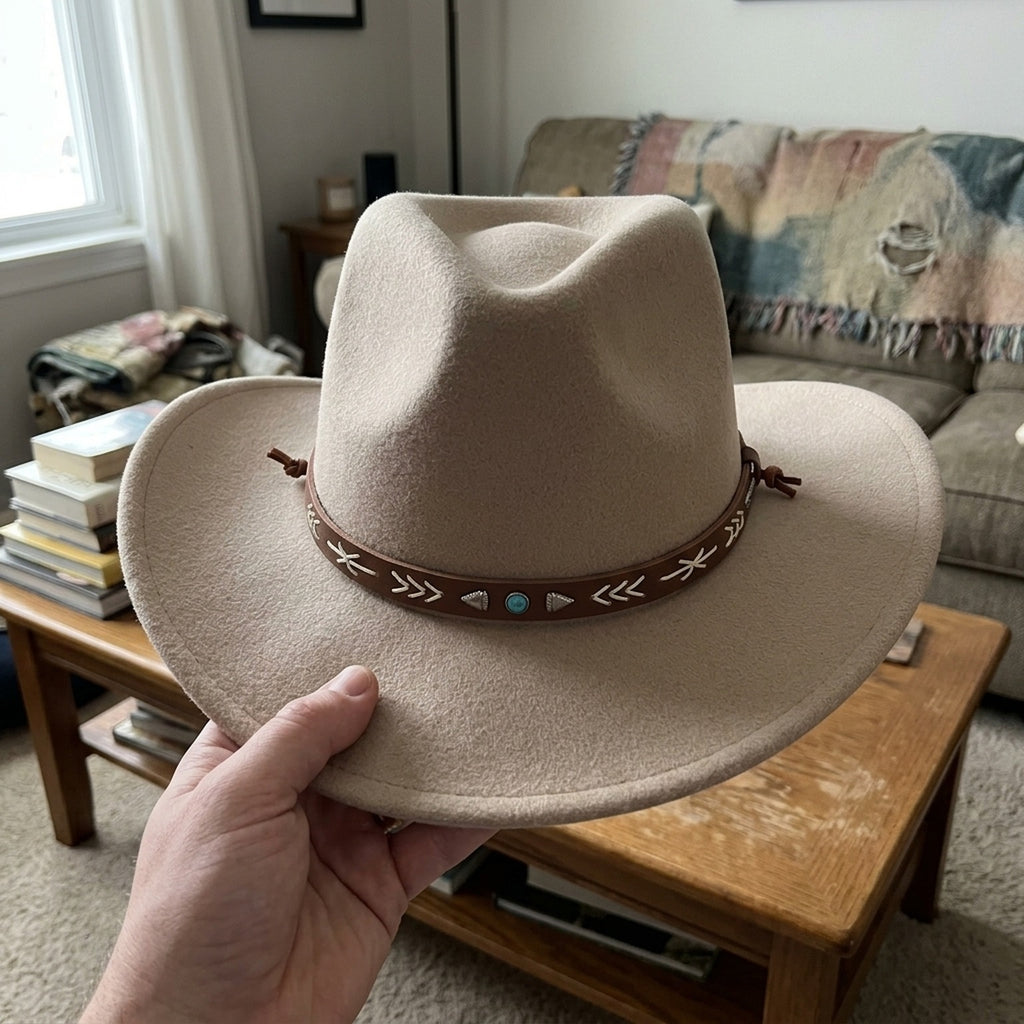 Unisex Beige Western Hat with Stitched Leather Band