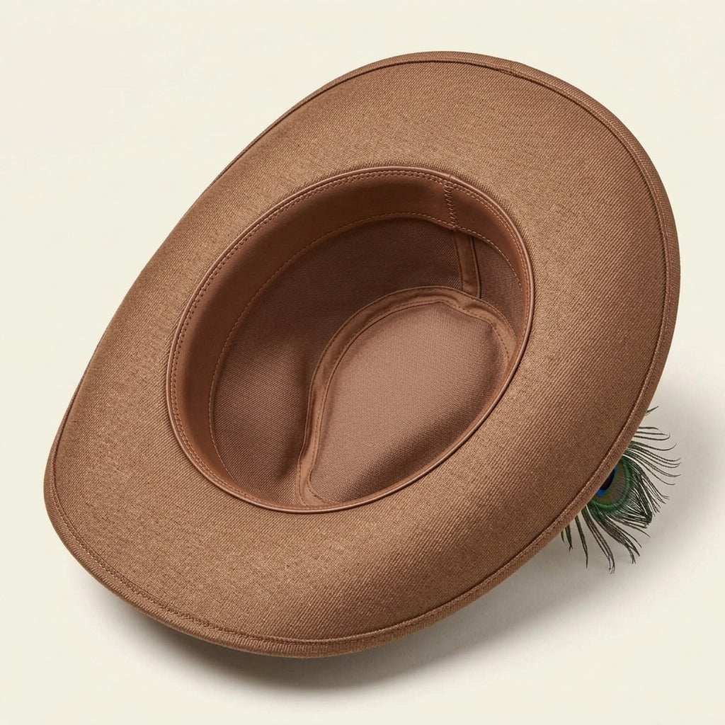 Brown Fedora with Peacock Feather and Leaf Embroidery