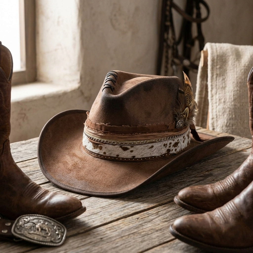 Distressed Brown Felt Western Hat Cowhide Band Silver Chain