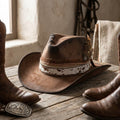 Distressed Brown Felt Western Hat Cowhide Band Silver Chain
