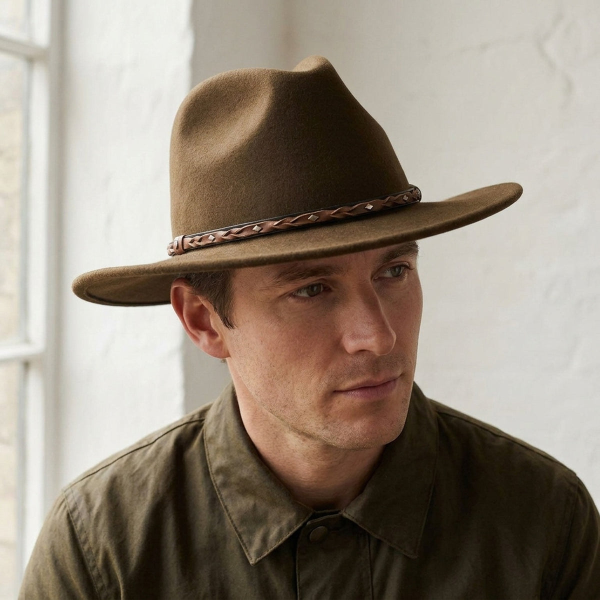 Brown Wool Felt Western Hat with Braided Leather Stud Band