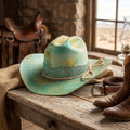 Turquoise Cowboy Hat with Crocodile Print Band and Rope Tie