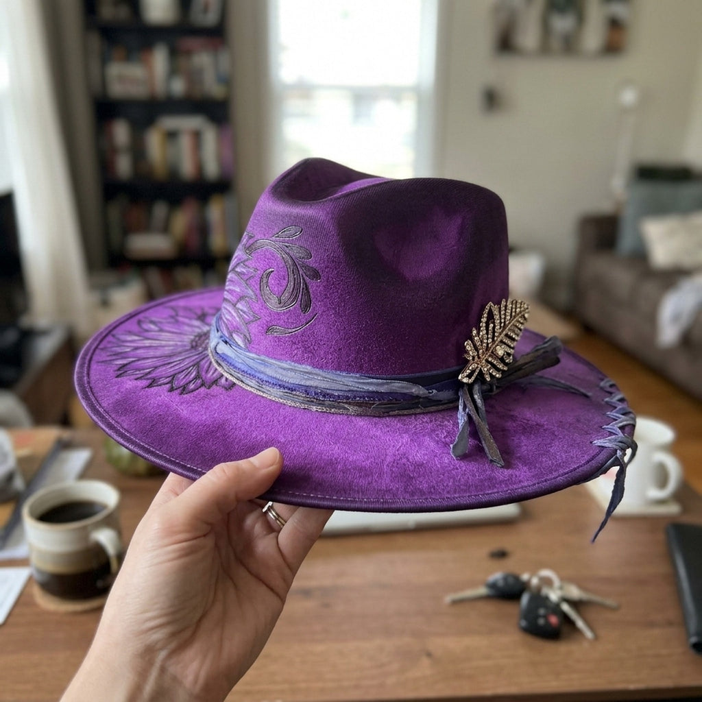 Purple Floral Fedora with Painted Sunflower and Jeweled Brooch
