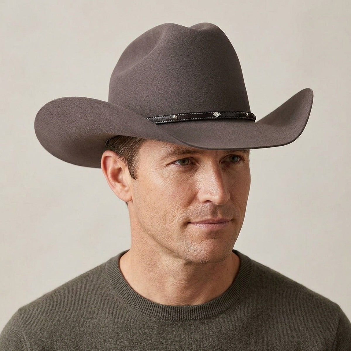 Brown Felt Cowboy Hat, Tall Pinched Crown with Diamond Studded Band