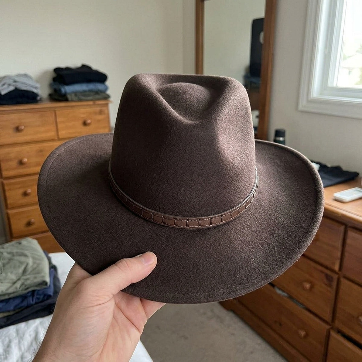 Dark Brown Felt Western Hat with Stitched Leather Hatband
