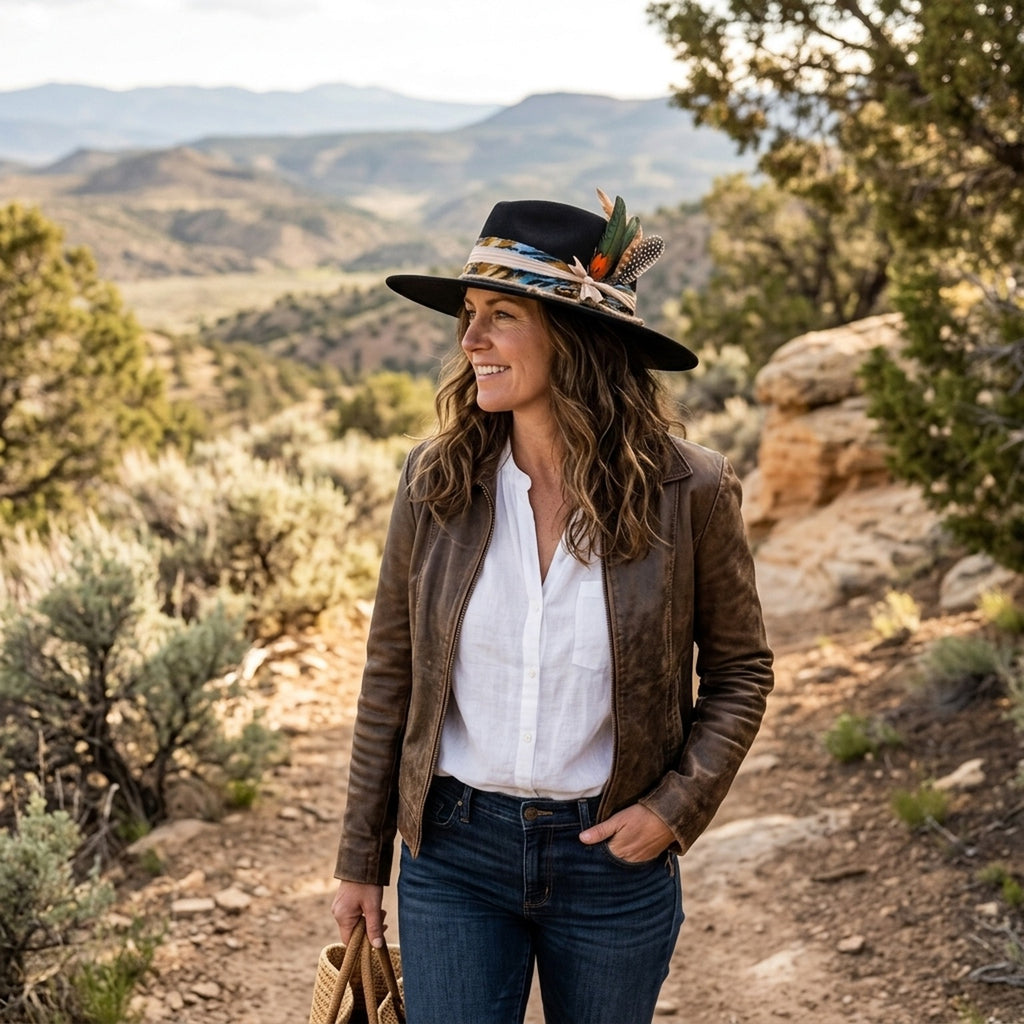 Black Wide Brim Fedora with Ribbon Band and Mixed Feathers