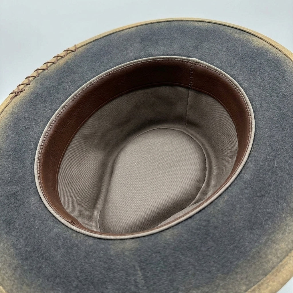 Charcoal Distressed Fedora With Brown Feather And Raffia Trim