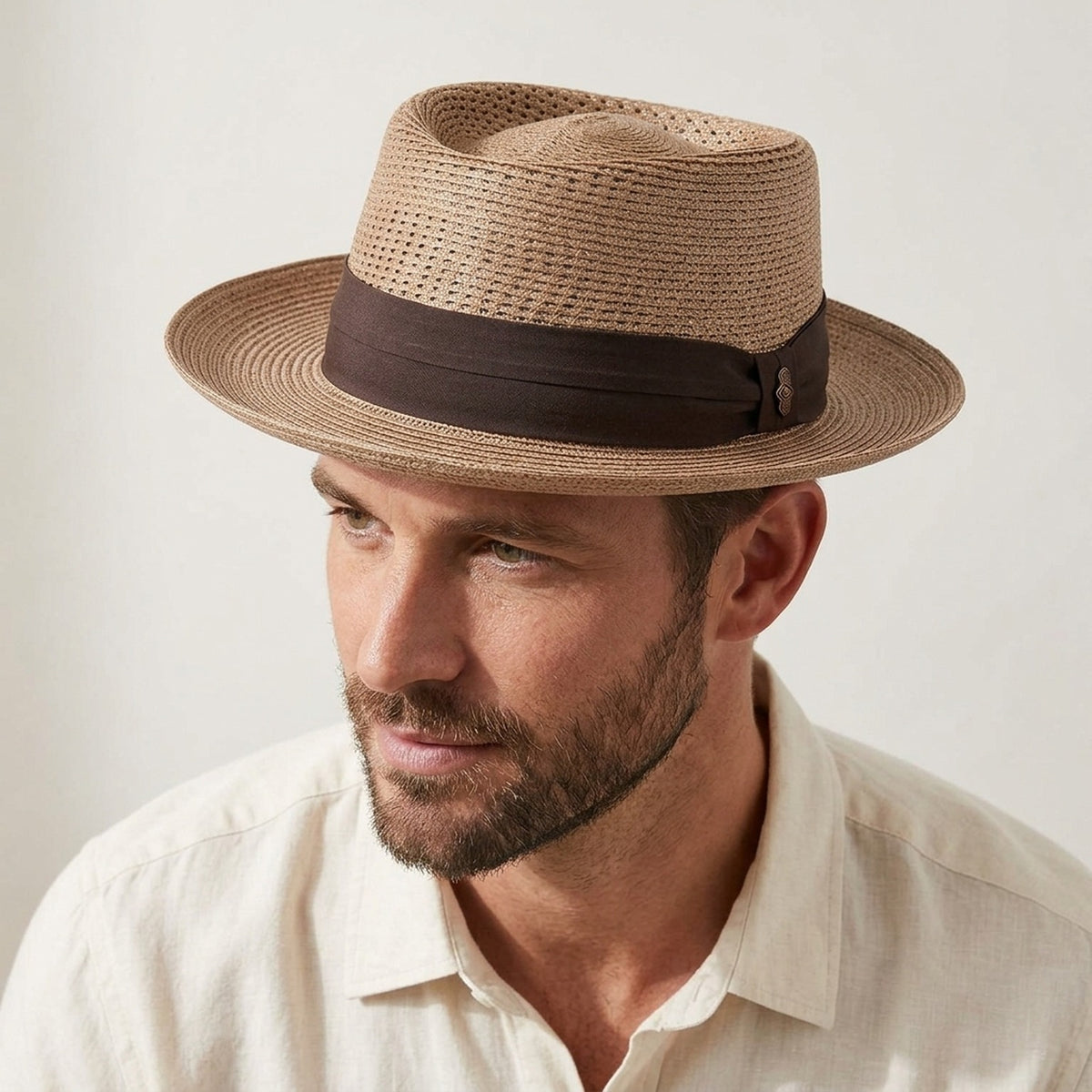 Brown Straw Fedora Hat with Open Weave Crown and Wide Band