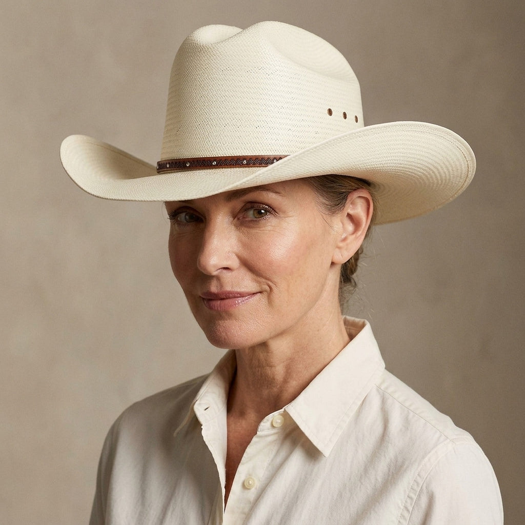 White Straw Fedora Hat with Brown Studded Leather Hatband