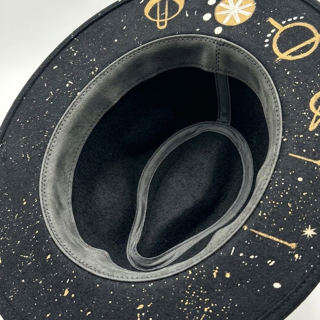 Black Celestial Fedora with Gold Mystical Symbols and Feather