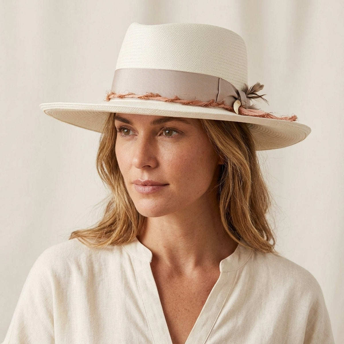 Ivory Felt Fedora Hat with Frayed Pink Ribbon Band and Feathers