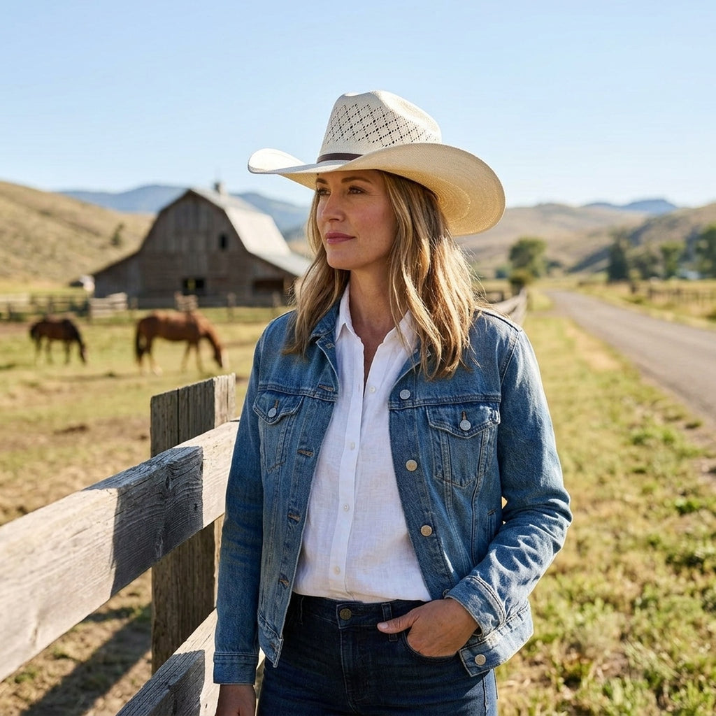 Cream Vented Straw Cowboy Hat with Brown Leather Buckle Band