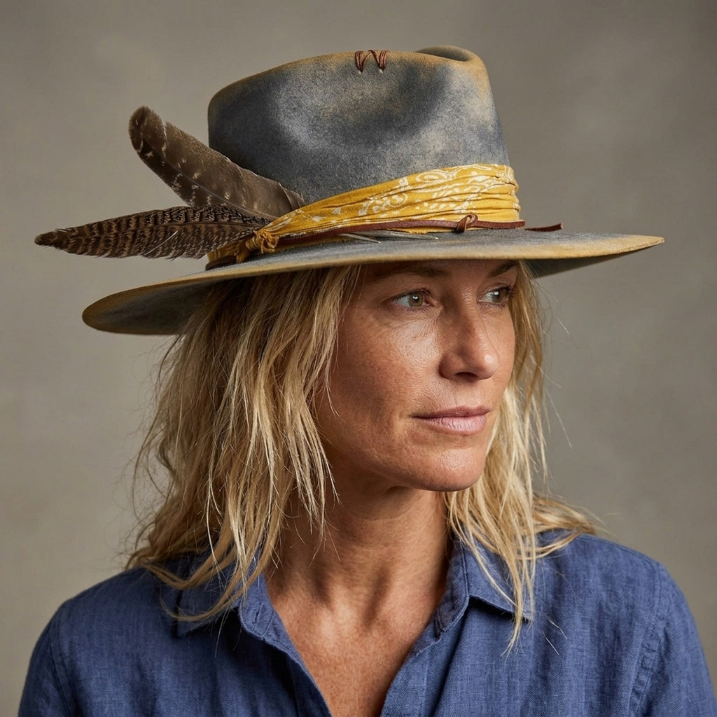 Grey Felt Fedora with Yellow Band and Barred Feathers