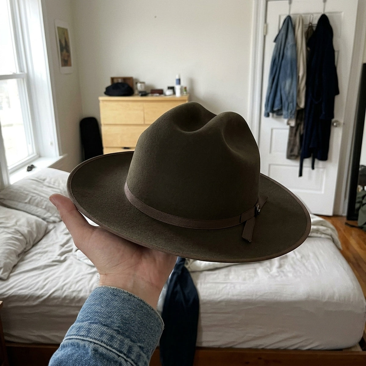 Olive Green Felt Fedora with Grosgrain Bow and Side Detail