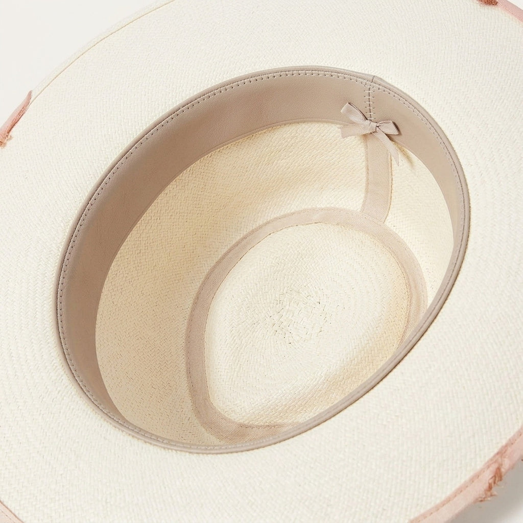 Ivory Felt Fedora Hat with Frayed Pink Ribbon Band and Feathers