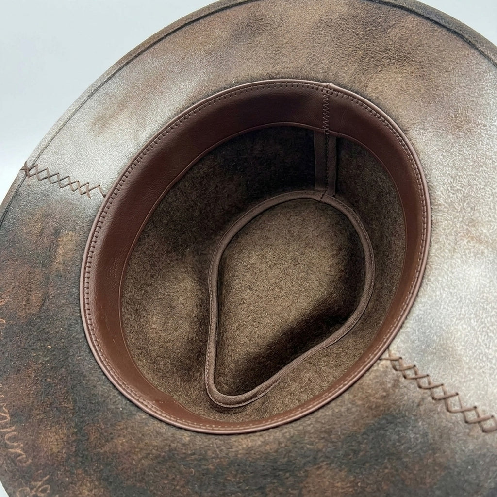 Dark Brown Fedora with Whiskey Patch, Feathers and Bullet Charm