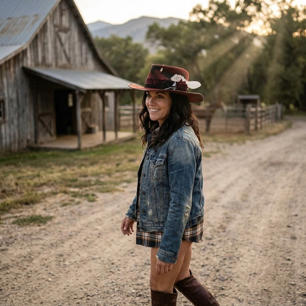 Western Red Fedora with Playing Cards, Rose and Bullet