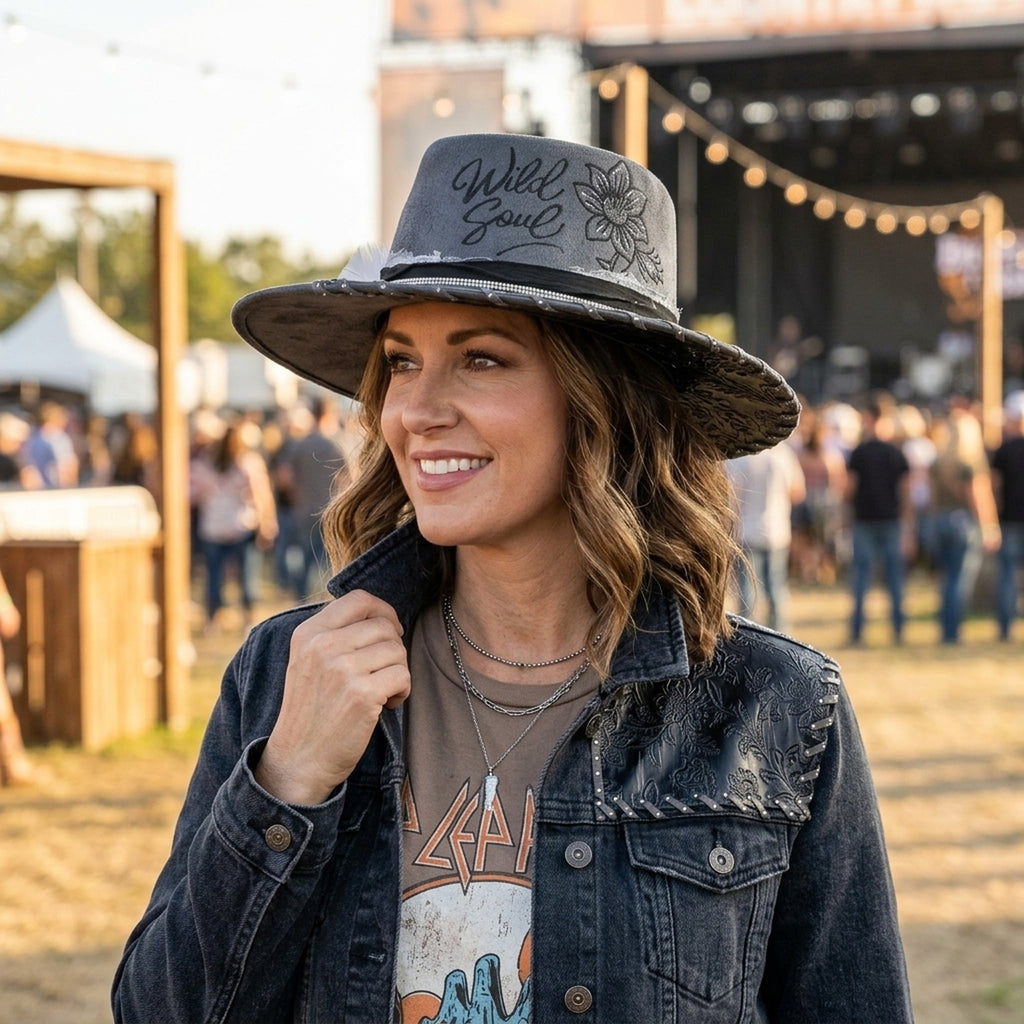 Gray Flocked Fedora Hat with Wild Soul Embroidery and Feather