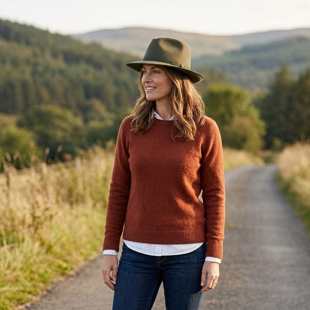 Olive Green Wool Felt Fedora with Grosgrain Band and Feather
