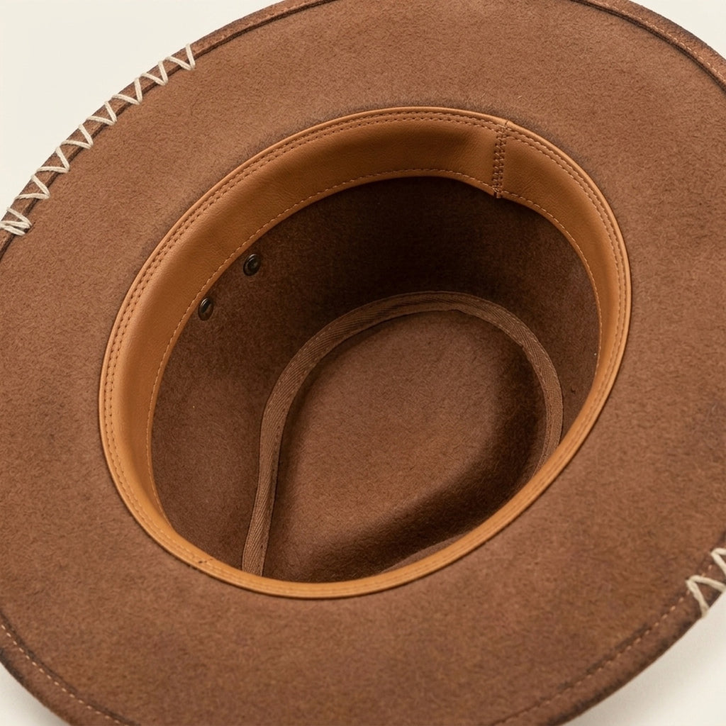 Distressed Brown Leather Western Hat Carved Tribal Pendant