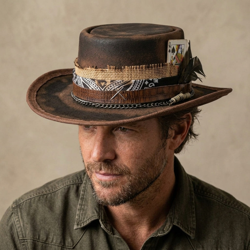 Vintage Brown Pork Pie Hat with Playing Cards and Feather Band
