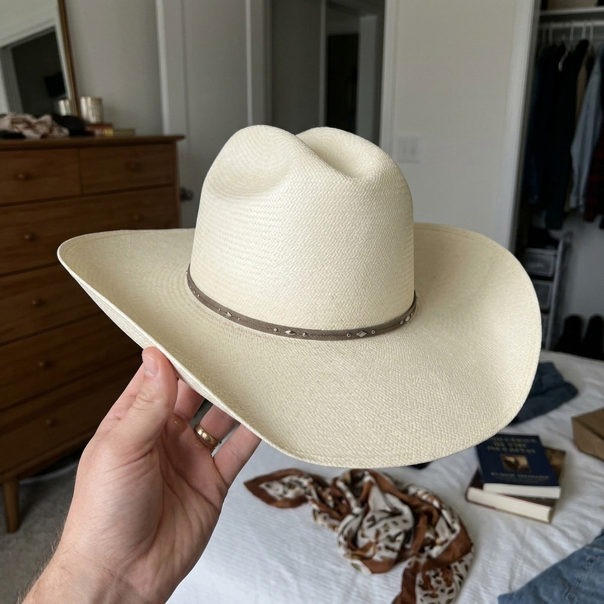 Cream Straw Cowboy Hat with Metallic Studded Slim Leather Band
