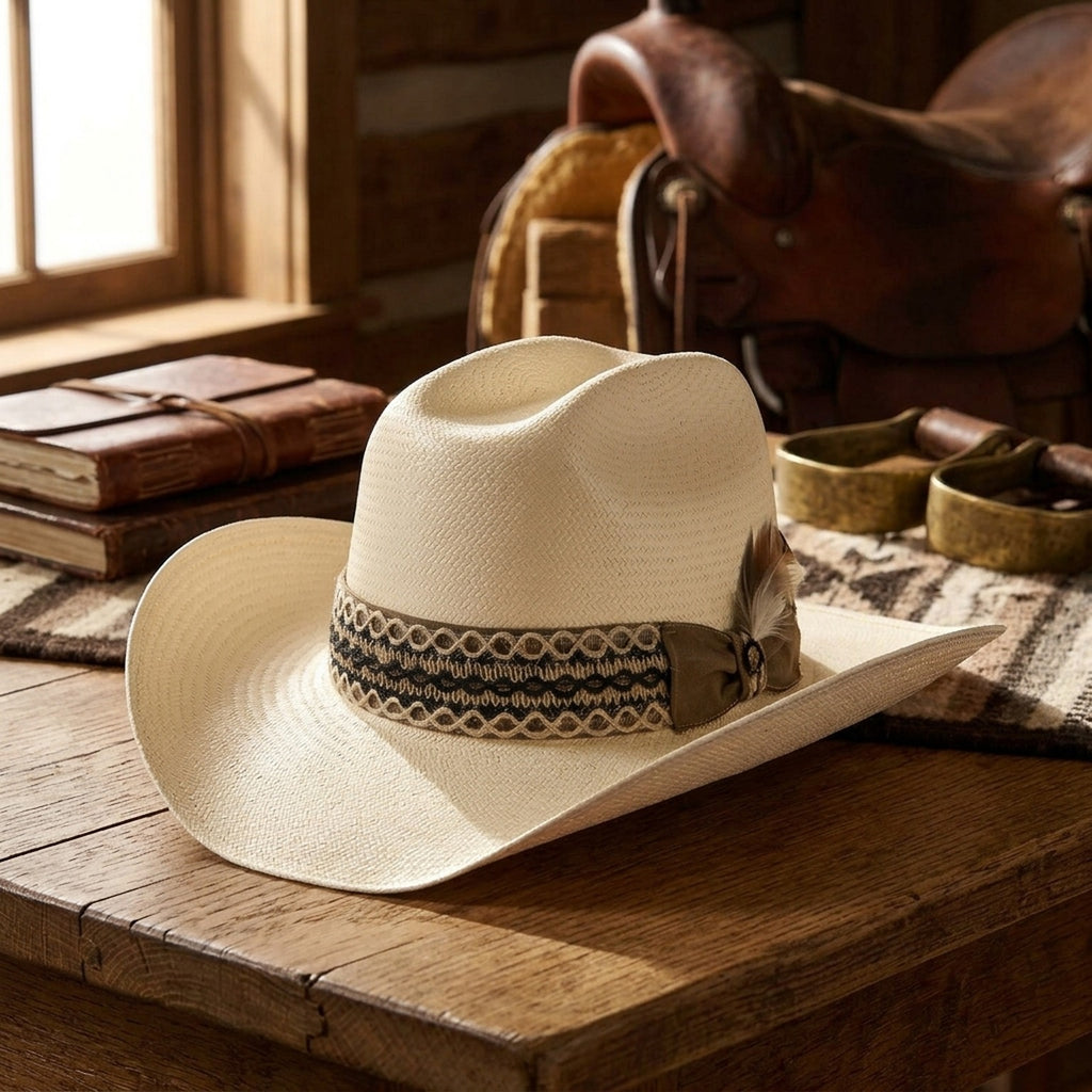 Cream Straw Cowboy Hat with Woven Band and Side Bow Detail