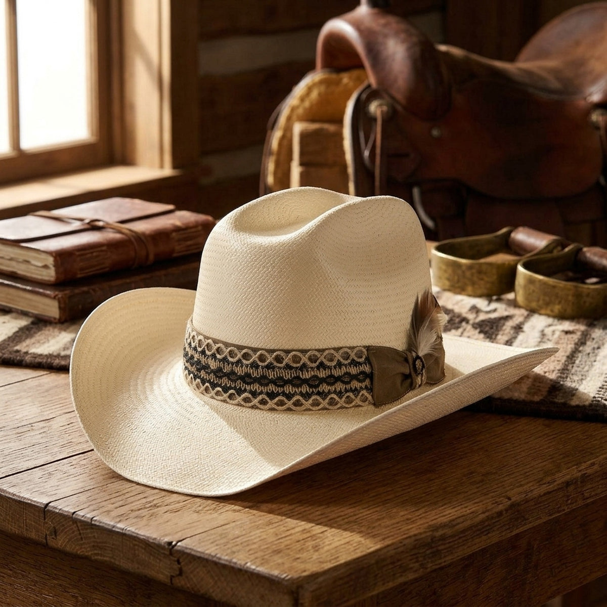 Cream Straw Cowboy Hat with Woven Band and Side Bow Detail