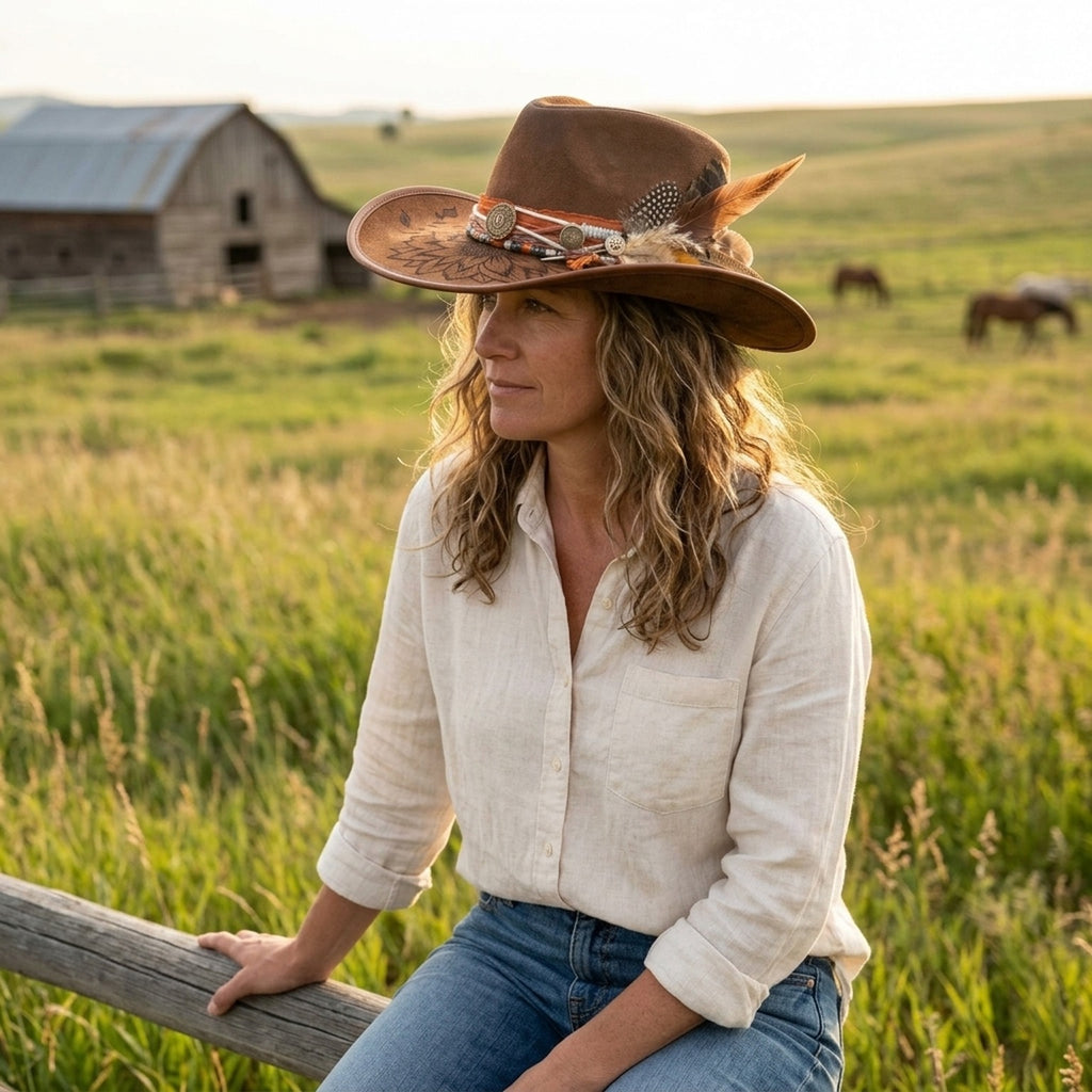 Brown Leather Western Hat with Sunflower Engraving Conchos