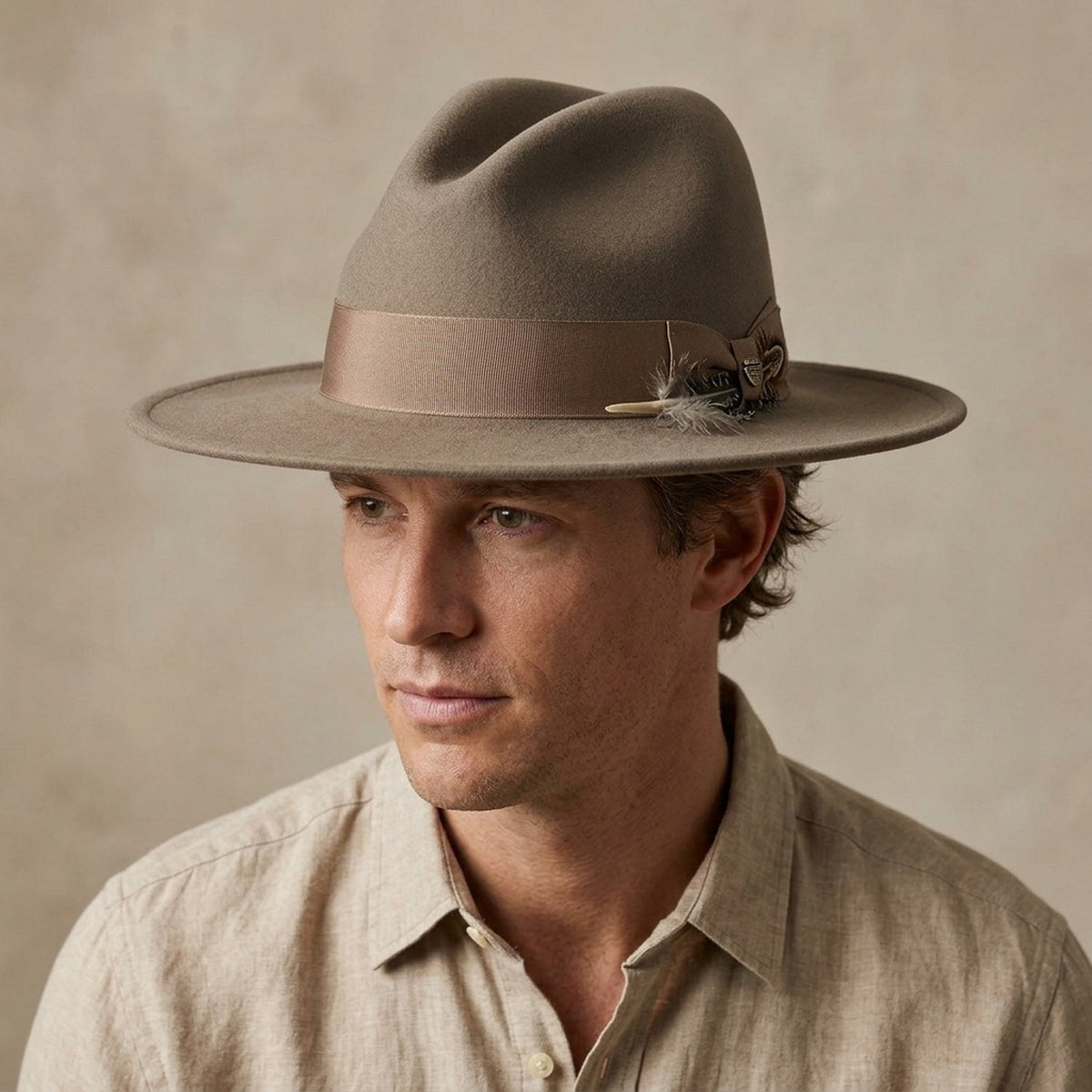 Taupe Wool Felt Fedora Hat with Subtle Feather Detail