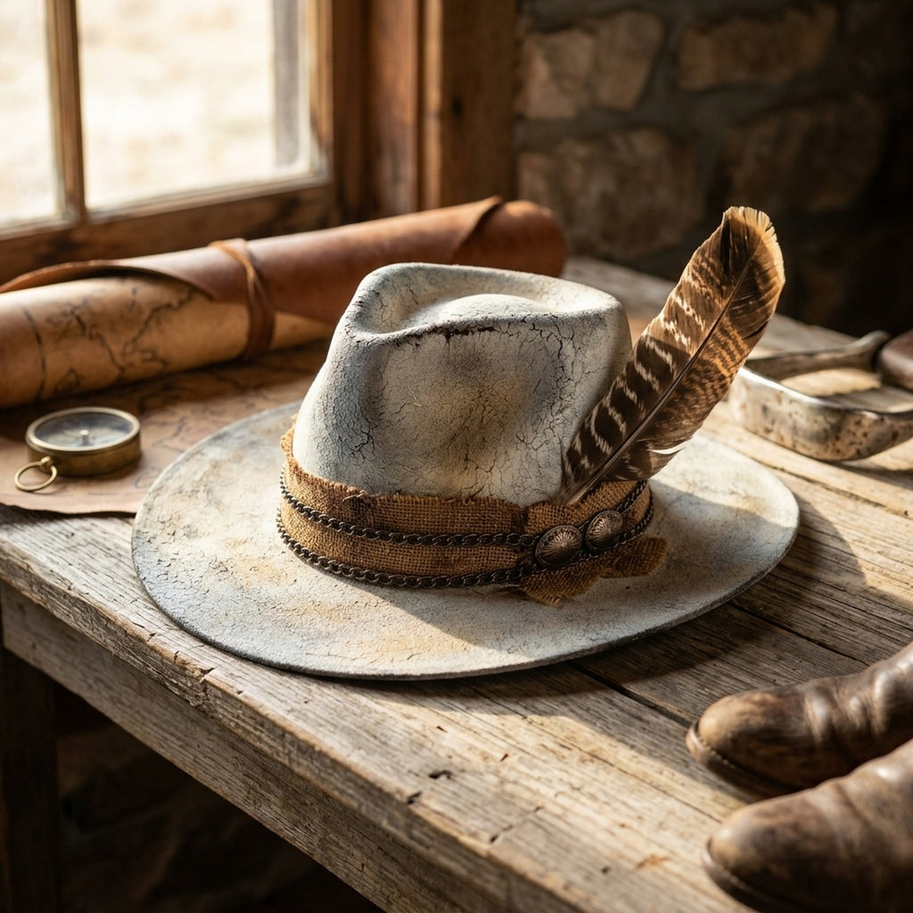 Crackled White Fedora with Burlap Band, Chain, and Tall Feather