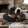 Black Western Hat with Cowhide Brim Cross Lacing White Feather