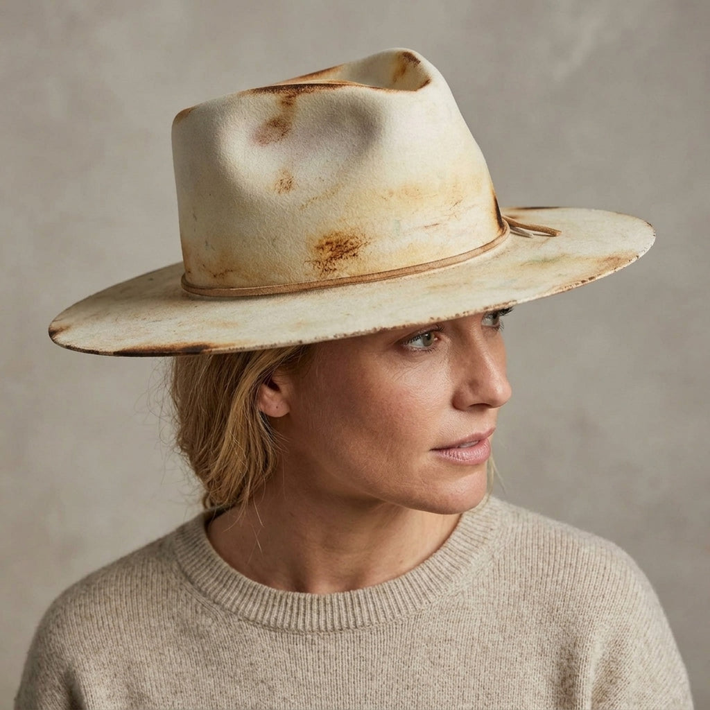 Bone Felt Fedora with Brown Leather Band and Feather