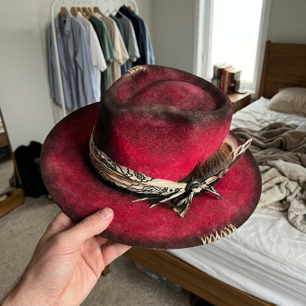 Crimson Felt Western Hat with Bandana Band and Feathers