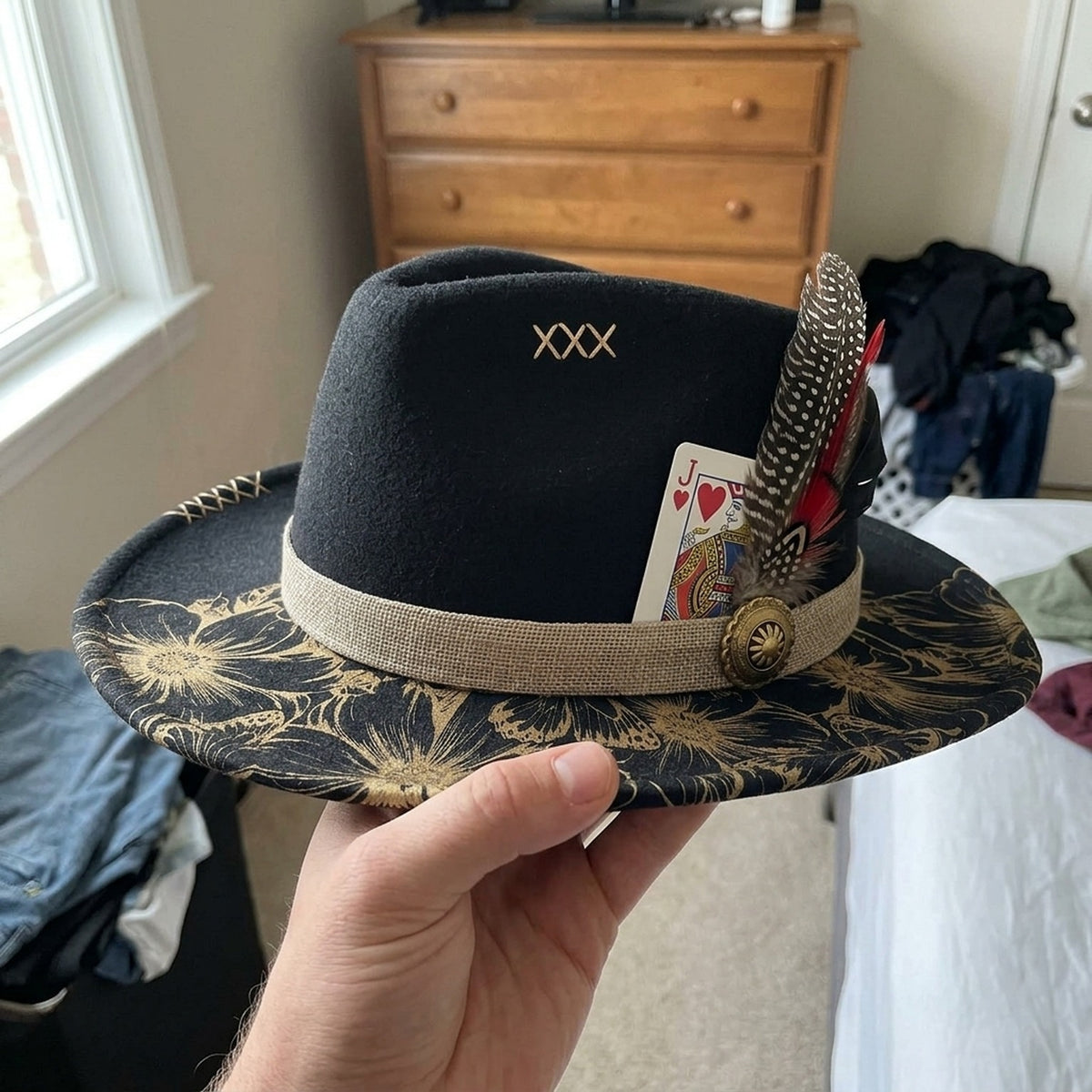 Glam Black Fedora with Gold Floral Brim and Playing Card