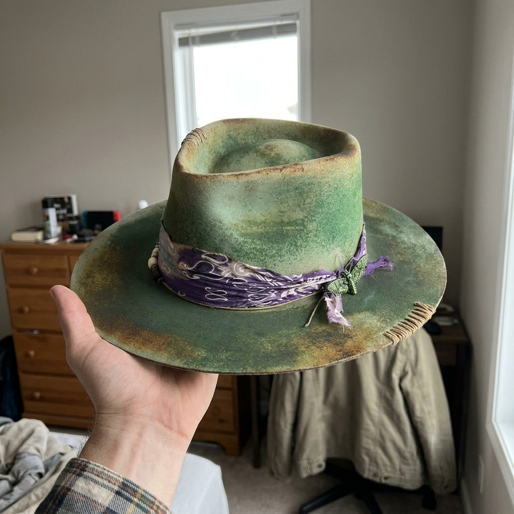 Moss Green Distressed Hat with Purple Patterned Band and Butterfly Pin