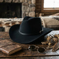 Black Felt Cowboy Hat with Leather Band - Western Style