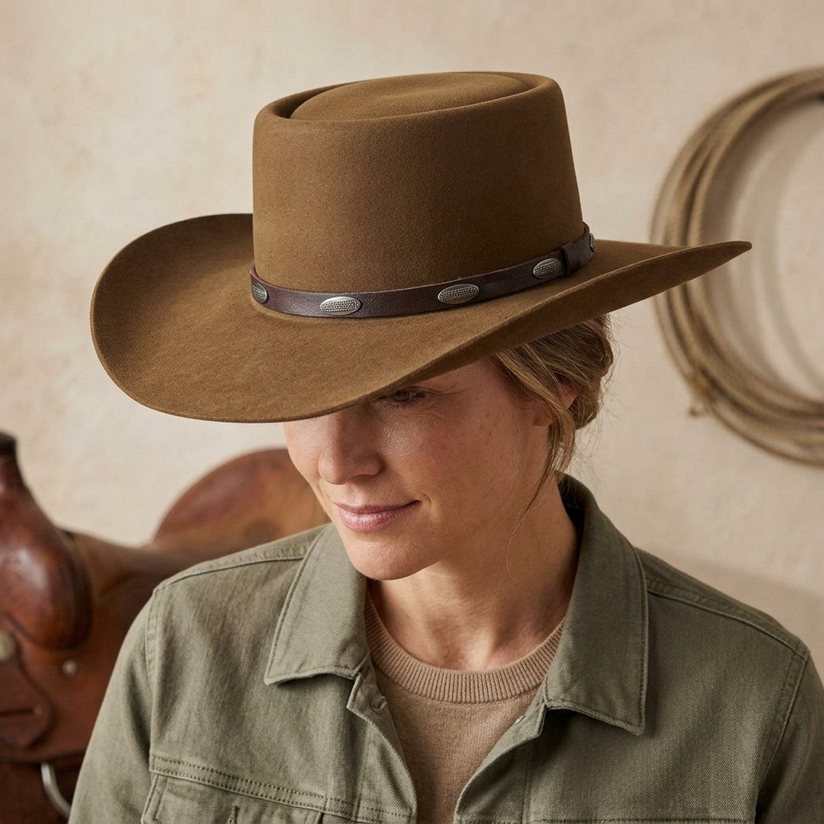 Unisex Brown Wool Felt Cowboy Hat with Leather Concho Band