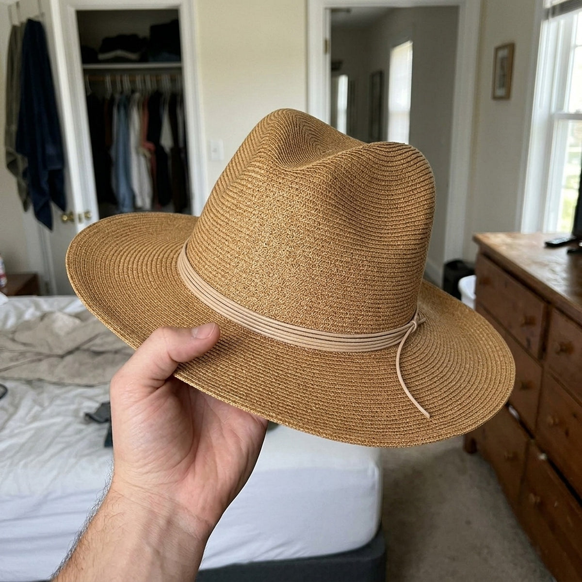 Tan Straw Fedora with Leather Cord Band for Summer Festival Style