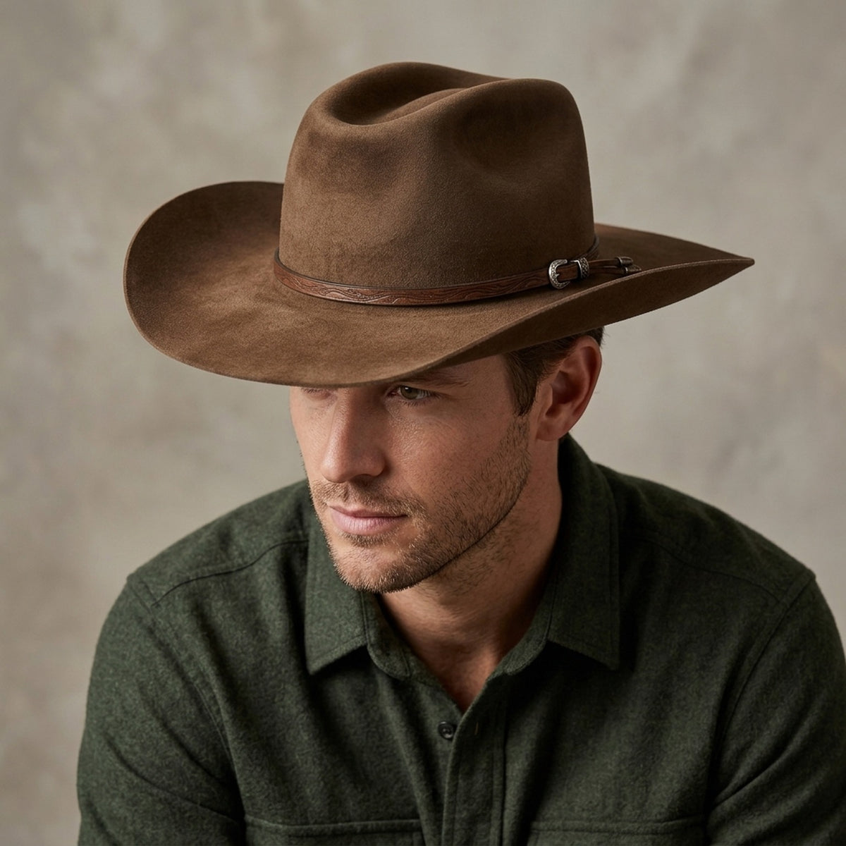Classic Brown Felt Cowboy Hat Tooled Leather Band Knot