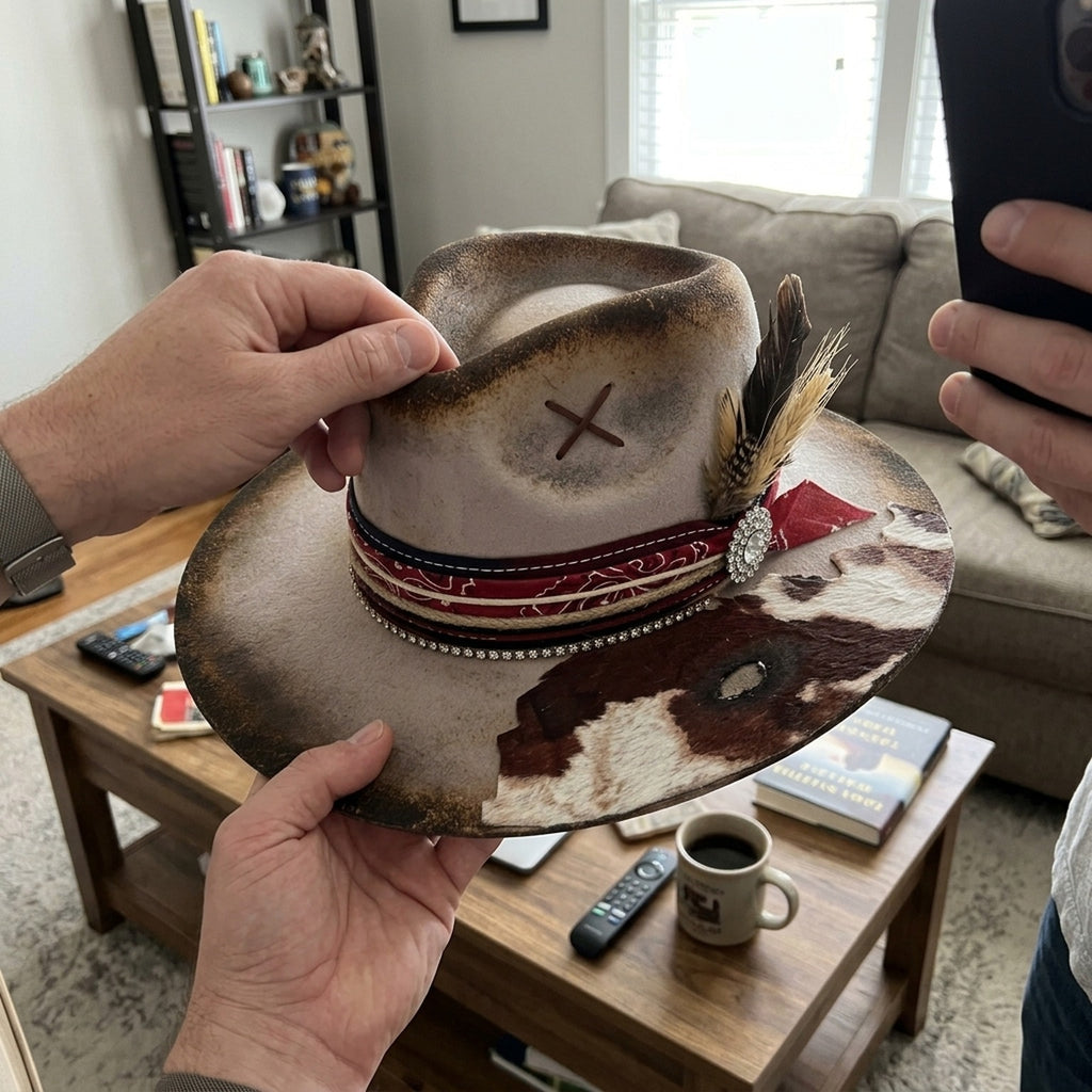 Distressed Brown Felt Western Hat Cowhide Brim Red Bandana