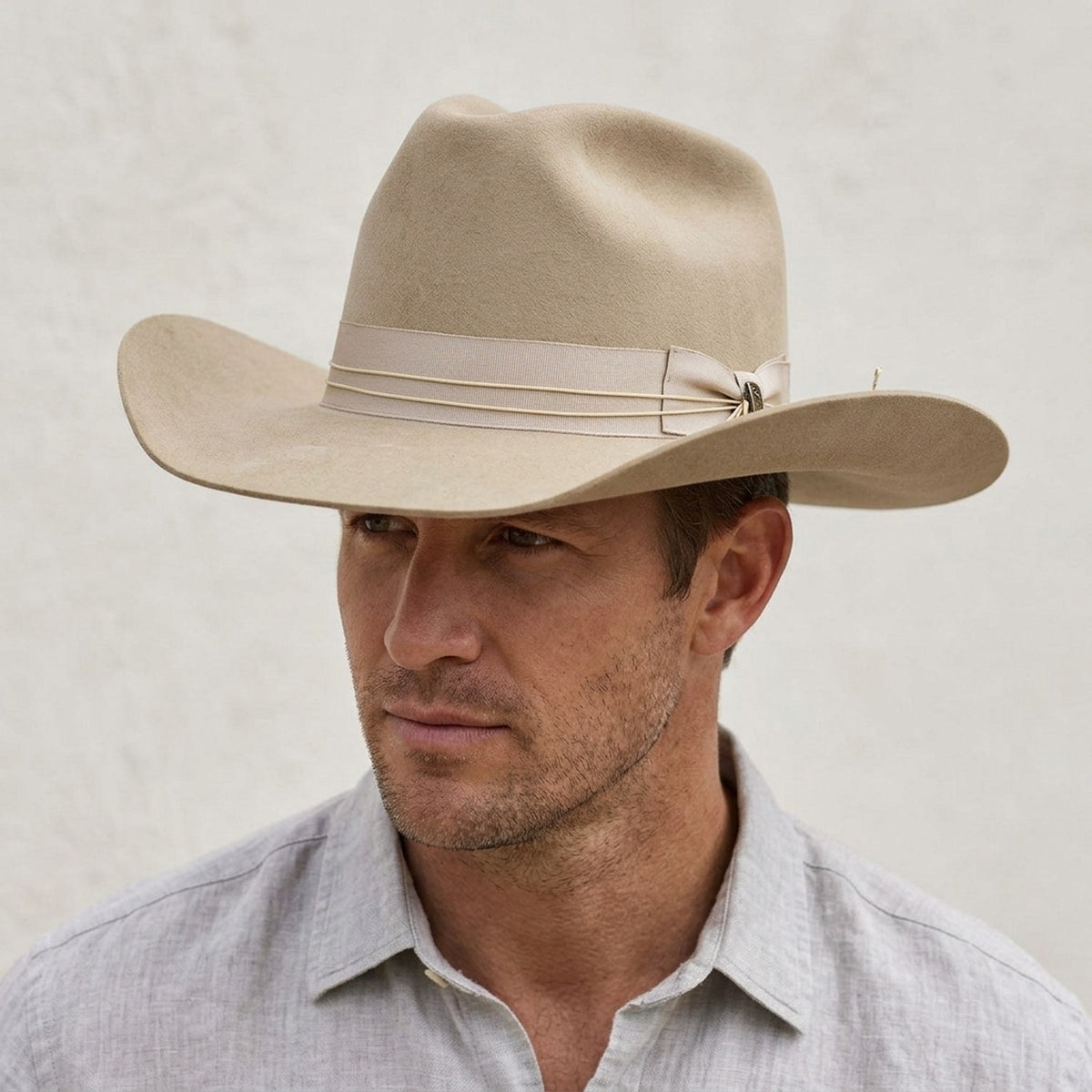 Unisex Cream Cowboy Hat with Ribbon Chin Cord